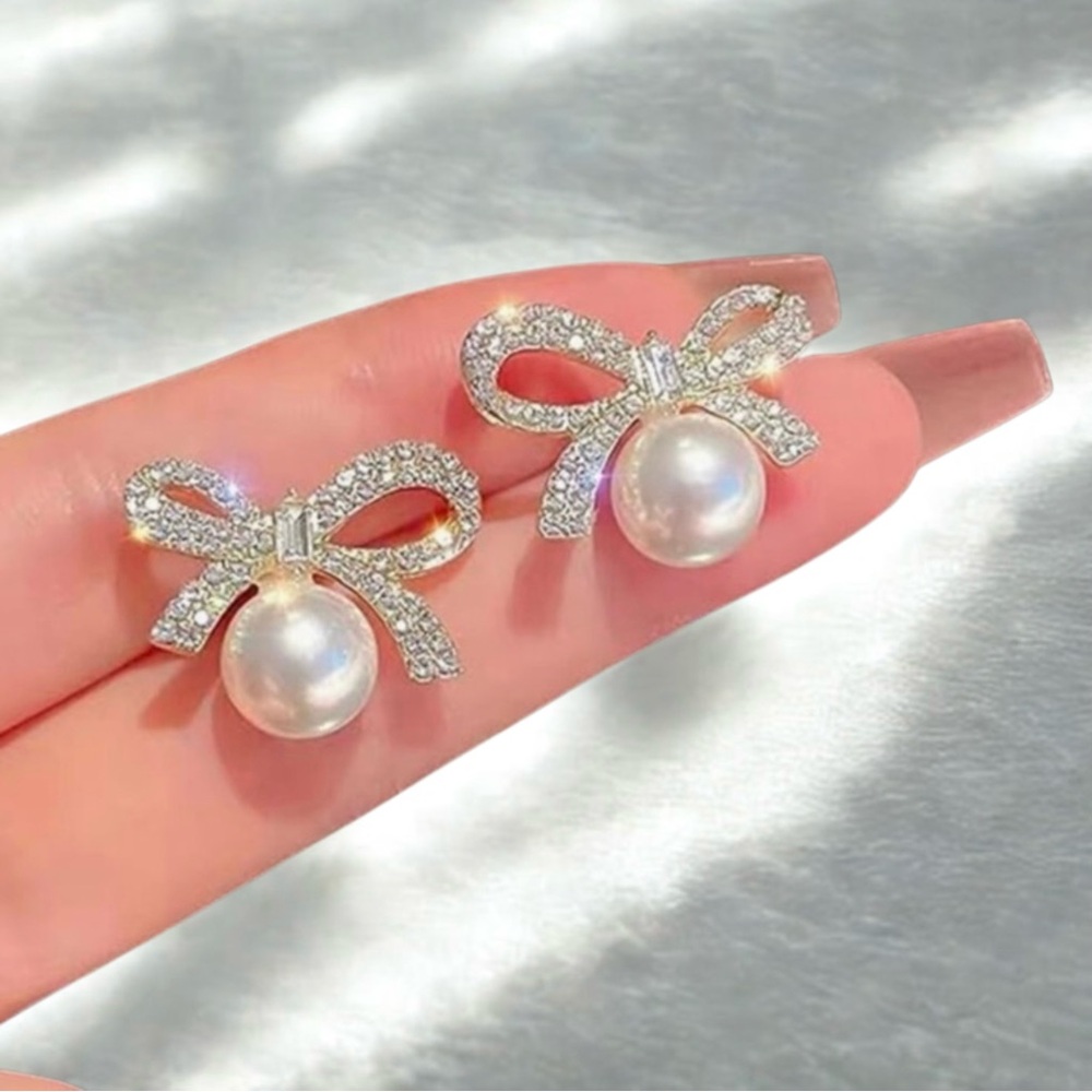 Gold Bow Classic Faux Pearl Formal Earrings Prom Cocktail Wedding Bridal Jewelry